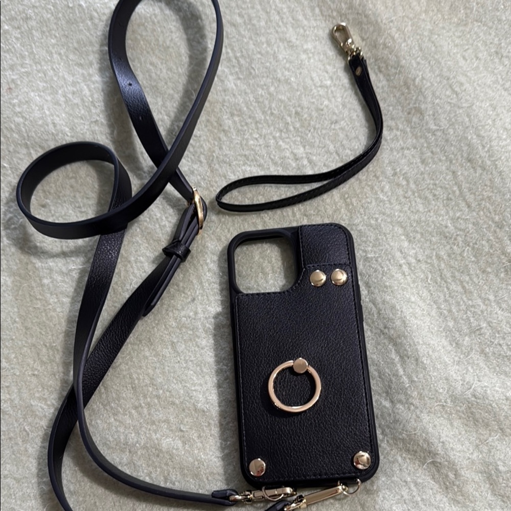 Black Leather Phone Case with Strap iPhone 13 Pro Max